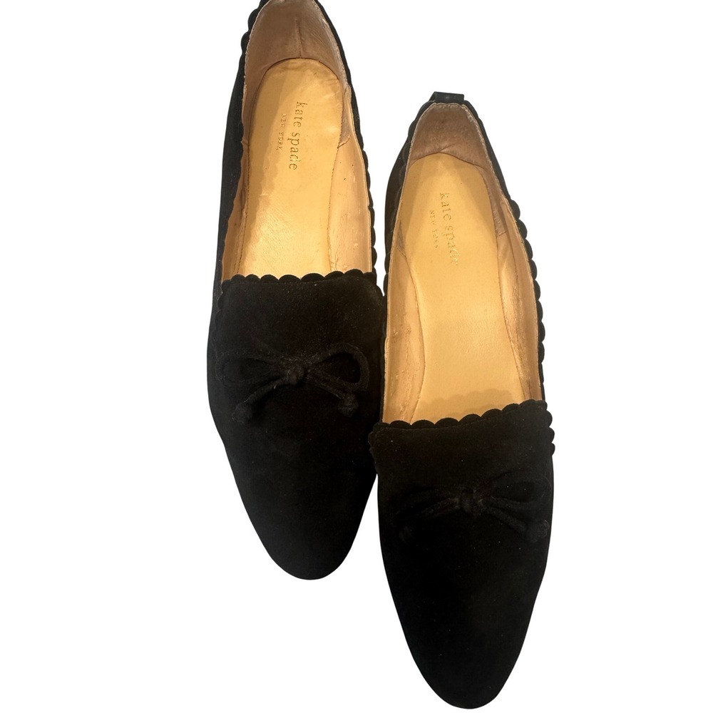 Kate Spade New York Black Suede Scalloped Bow Loafer Flats Shoes - size 10